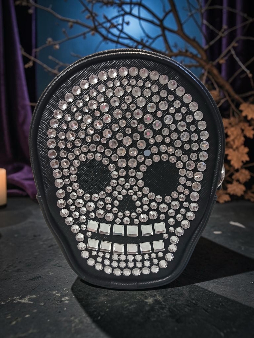 Black Skull Rhinestone Accent Decorative Shoulder Bag